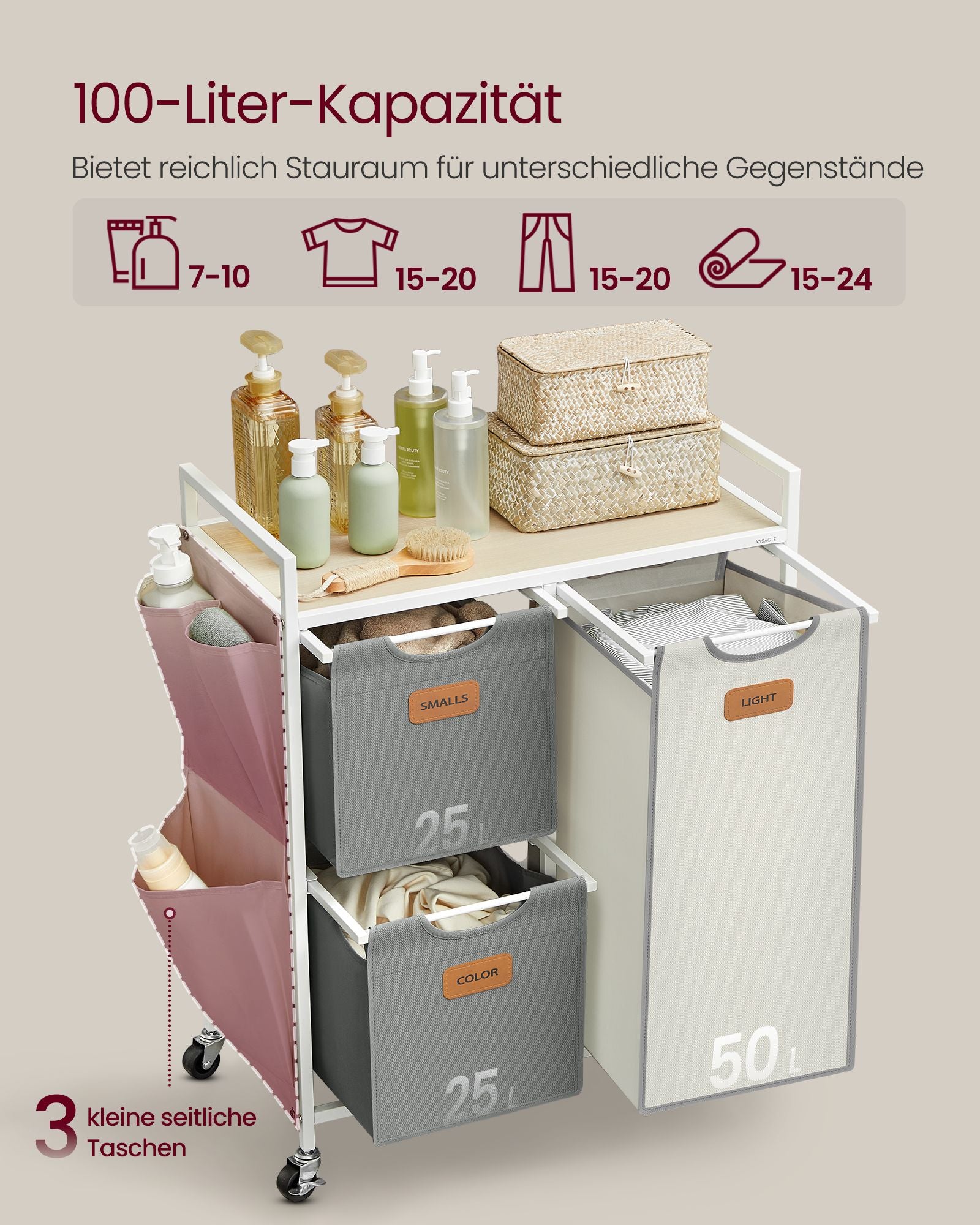 Wäschereikorb 3 Kurse Natures Beige Pigeon grau Creme Weiß weiß