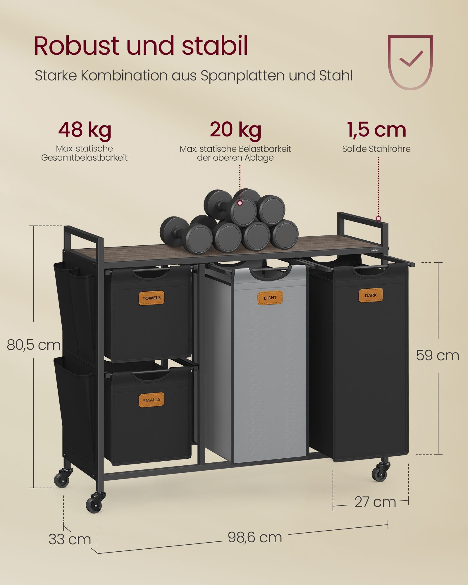 Wäschereikorb 4 Kurse Chestnut-Ink-Schwarz-Pigeon Grey