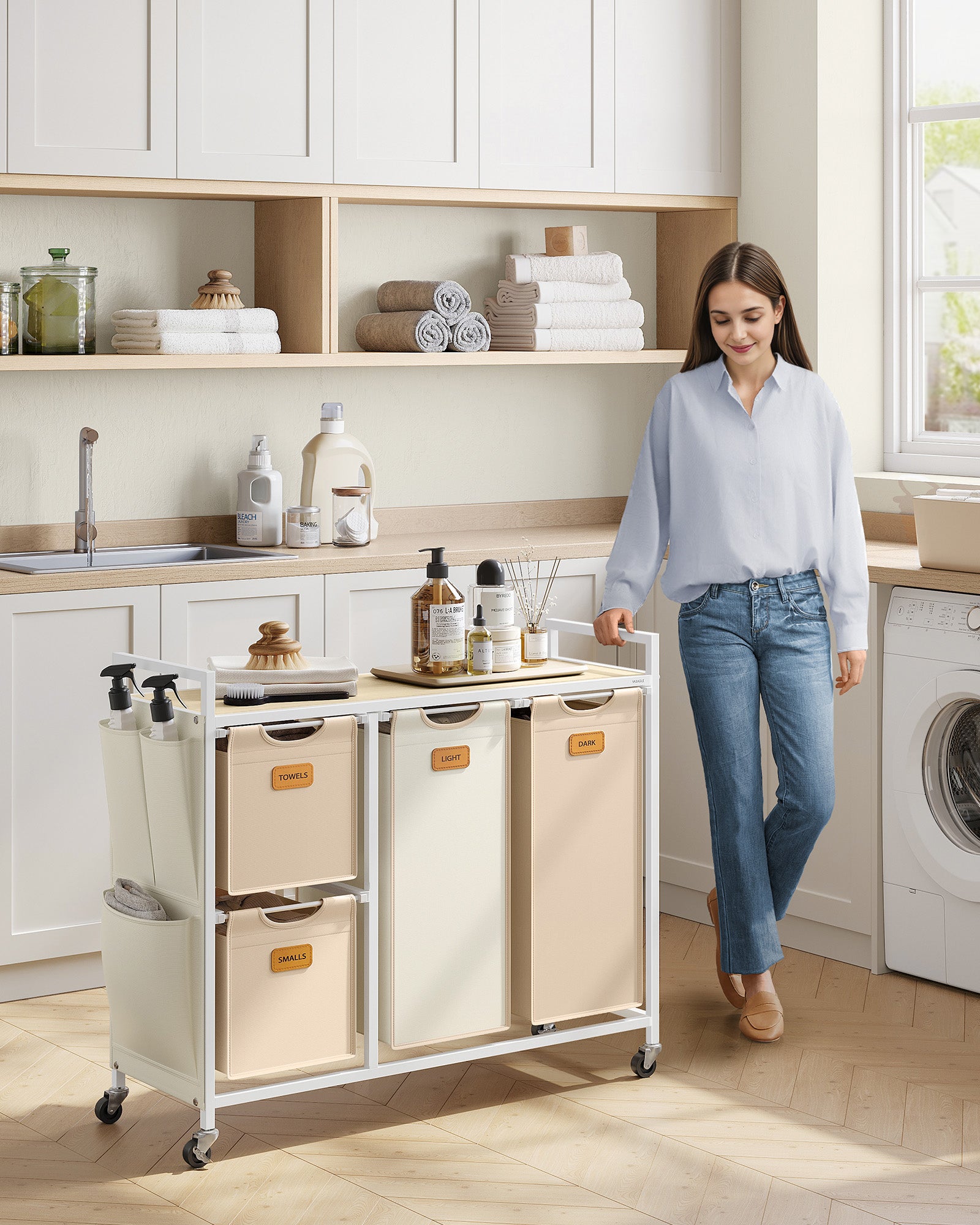 Wäschereikorb 4 Kurse Natural Beige-Camel Brown-Crème White