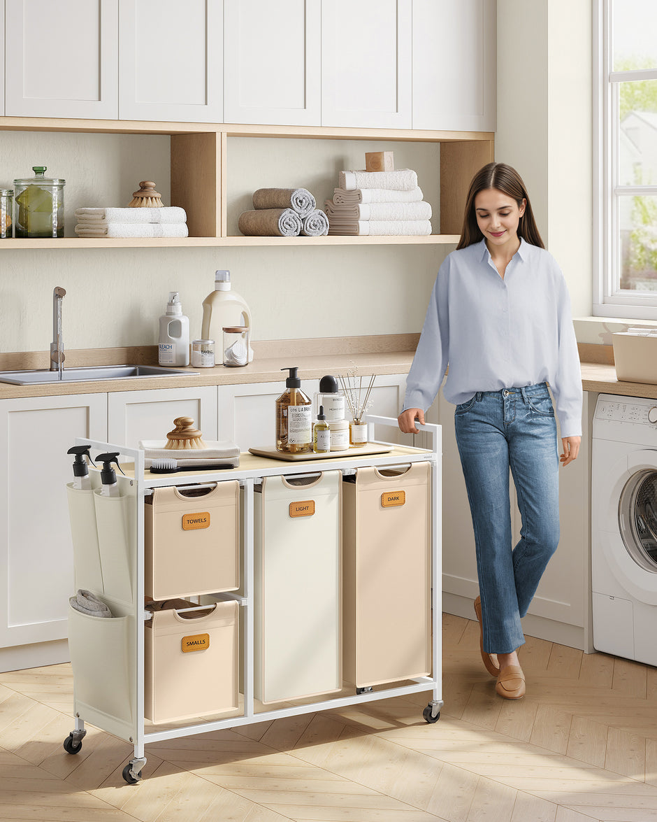 Wäschereikorb 4 Kurse Natural Beige-Camel Brown-Crème White