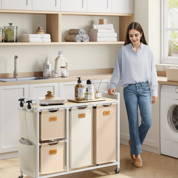 Wäschereikorb 4 Kurse Natural Beige-Camel Brown-Crème White