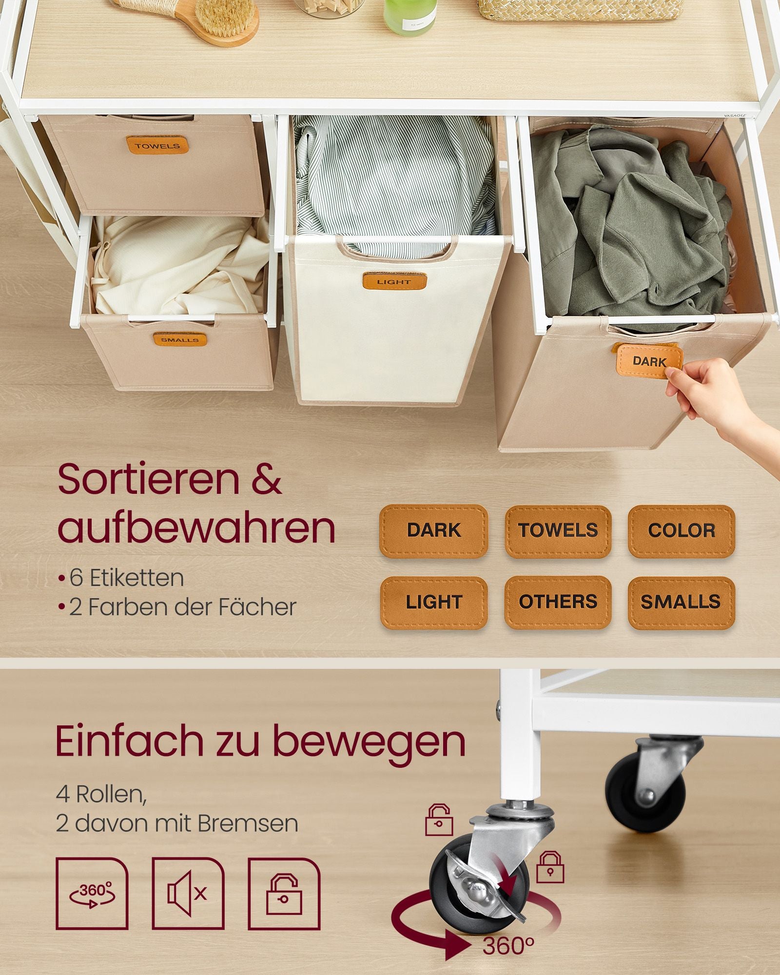 Wäschereikorb 4 Kurse Natural Beige-Camel Brown-Crème White