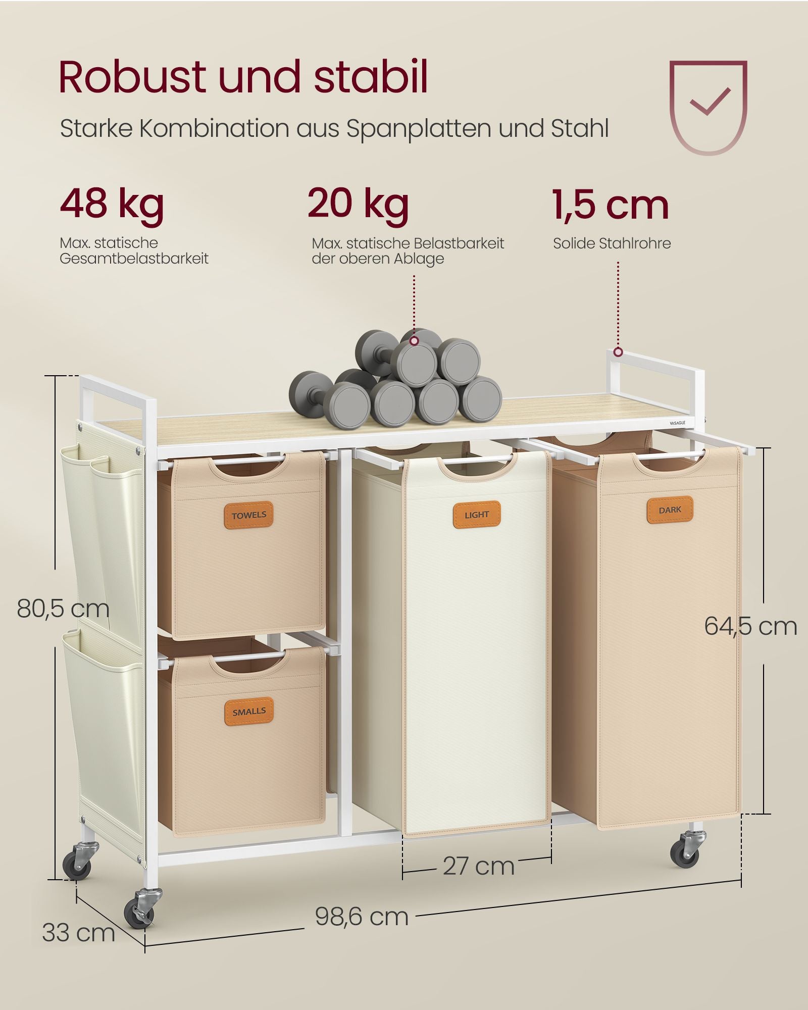 Wäschereikorb 4 Kurse Natural Beige-Camel Brown-Crème White