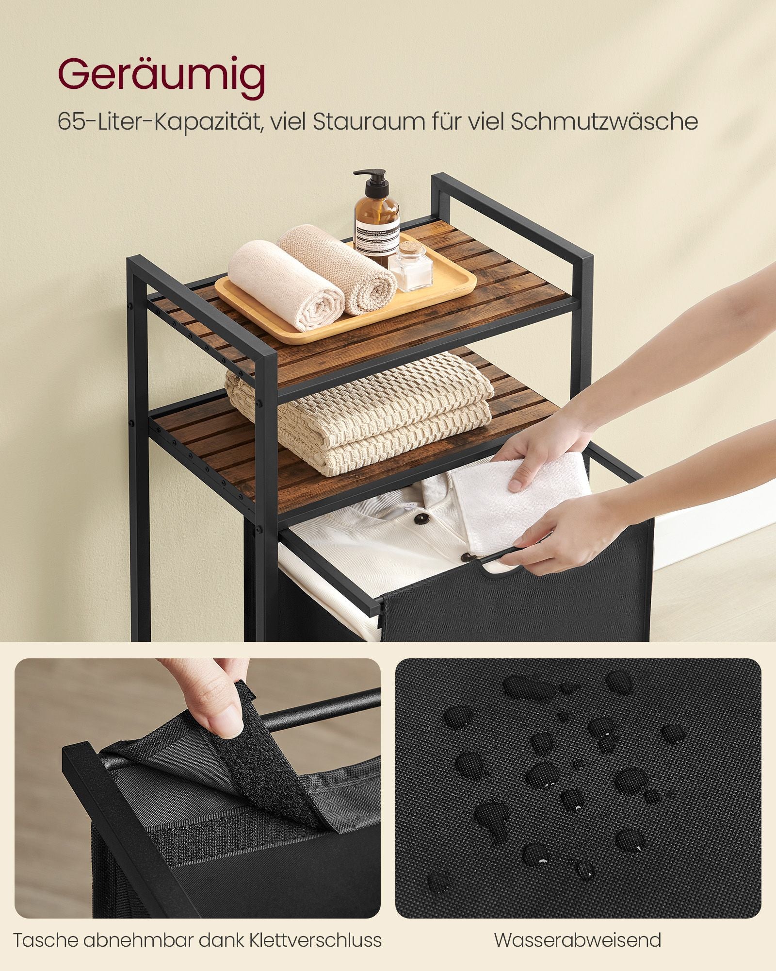Wäschereikorb mit 2 Regalen 65 Liter Vintage braunschwarz