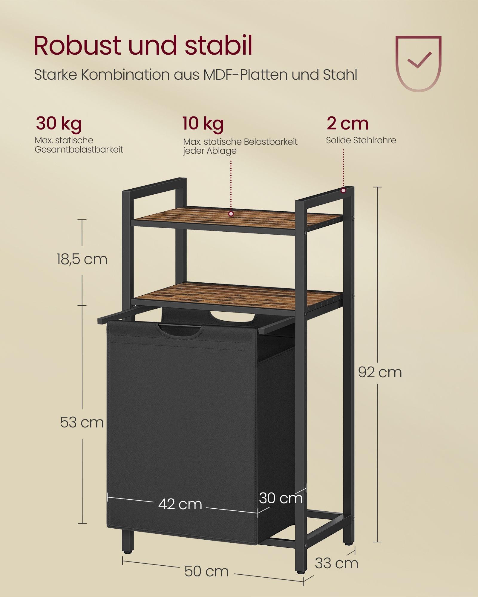 Wäschereikorb mit 2 Regalen 65 Liter Vintage braunschwarz