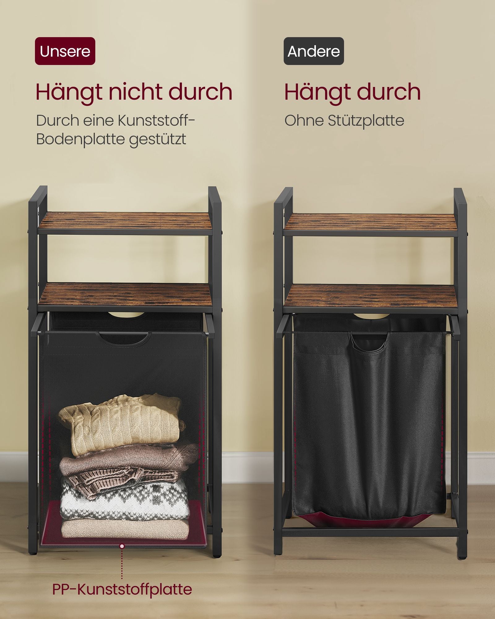 Wäschereikorb mit 2 Regalen 65 Liter Vintage braunschwarz