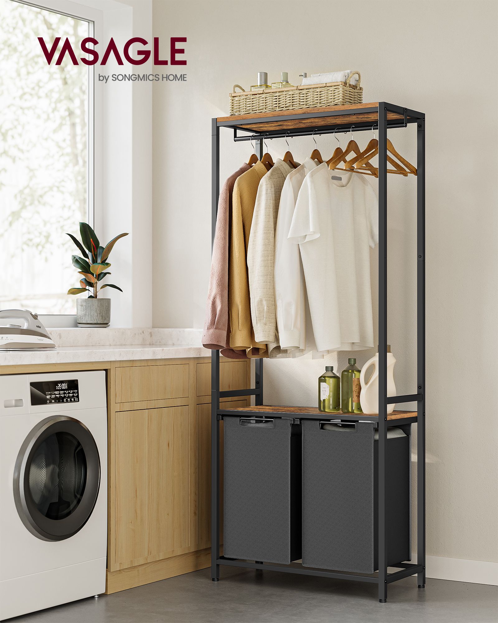 Wäschereikorb mit Kleiderregal-2-Fächer-Vintage-Braun-Klassik-Schwarz