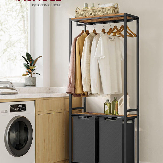 Wäschereikorb mit Kleiderregal-2-Fächer-Vintage-Braun-Klassik-Schwarz