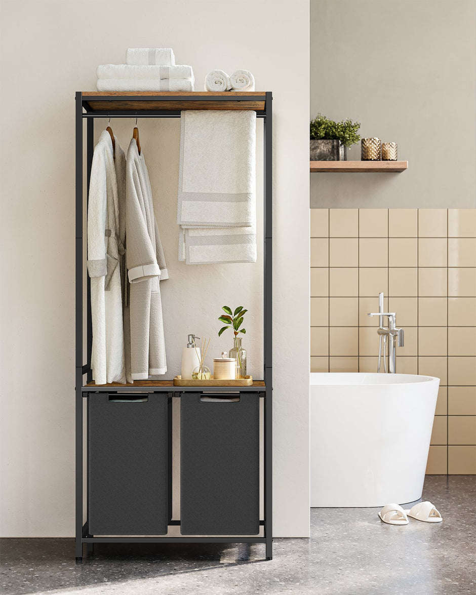 Wäschereikorb mit Kleiderregal-2-Fächer-Vintage-Braun-Klassik-Schwarz