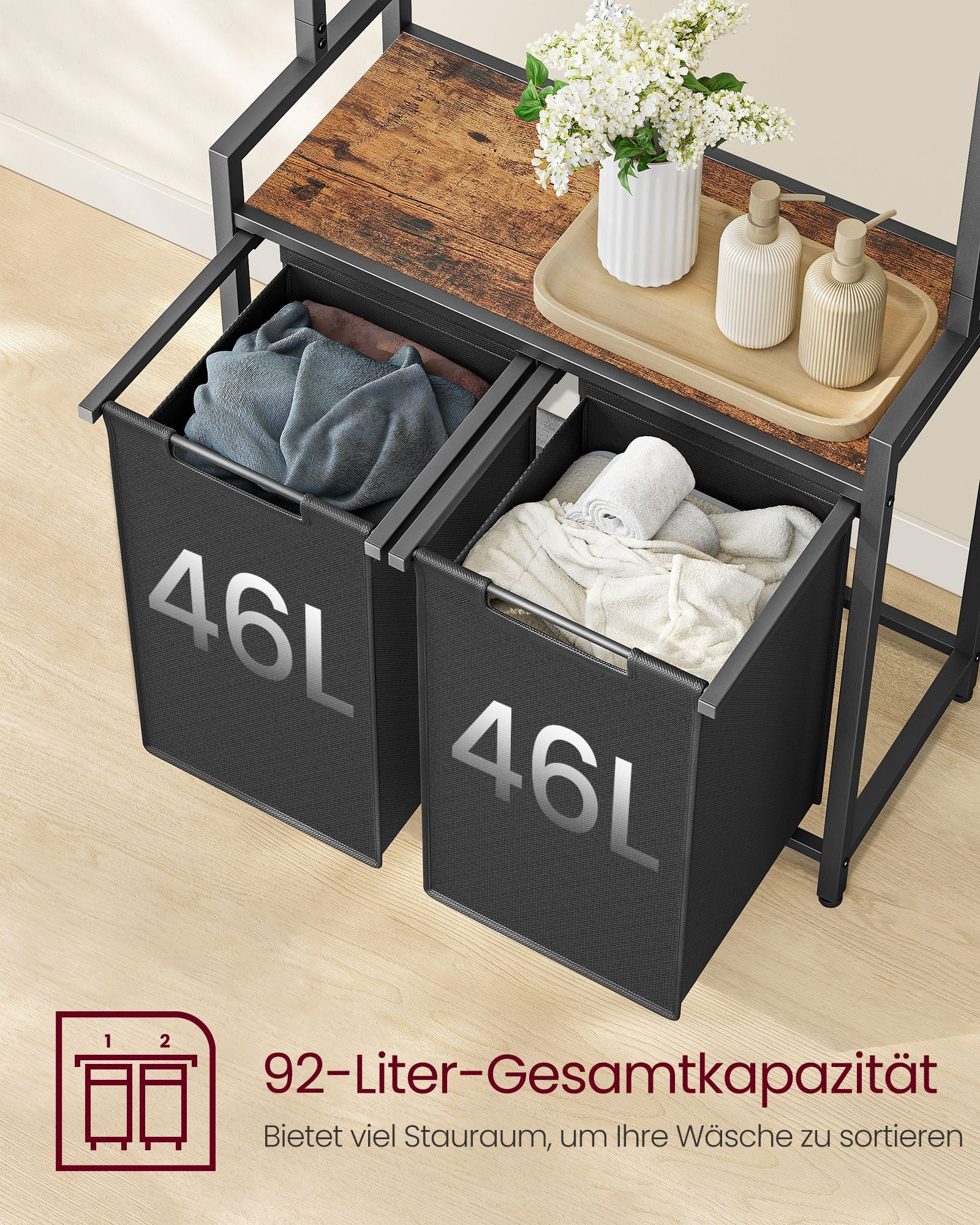 Wäschereikorb mit Kleiderregal-2-Fächer-Vintage-Braun-Klassik-Schwarz
