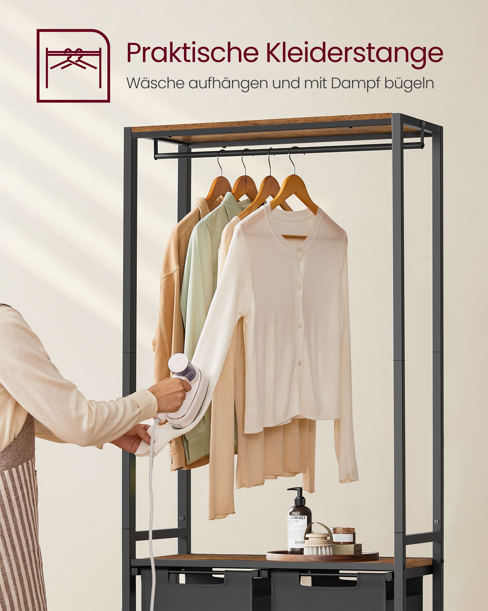 Wäschereikorb mit Kleiderregal-2-Fächer-Vintage-Braun-Klassik-Schwarz