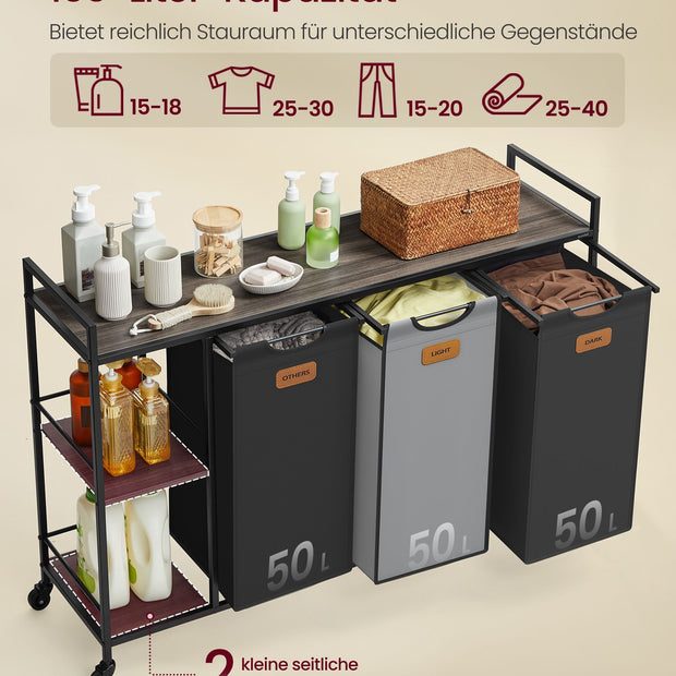 Wäschereikorb mit 3 Fächern - auf Rädern mit abnehmbaren Kursen