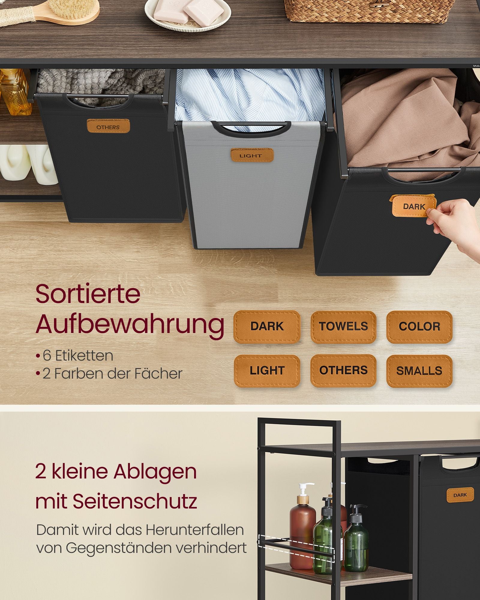 Wäschereikorb mit 3 Fächern - auf Rädern mit abnehmbaren Kursen