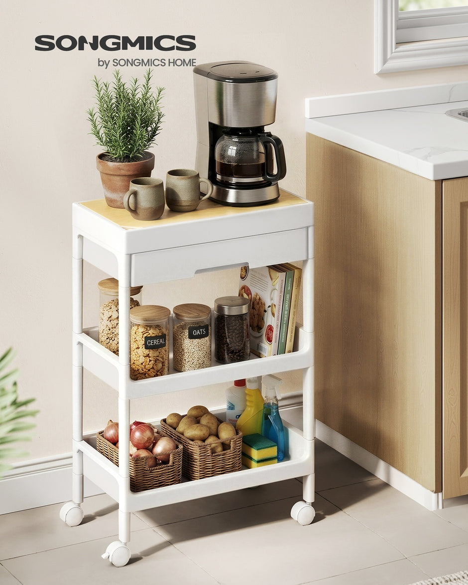 Trolley - 25,5 x 41 x 68 cm - Wit/Goud Eiken - 3 lagen - Maximale belasting per plank 10 kg