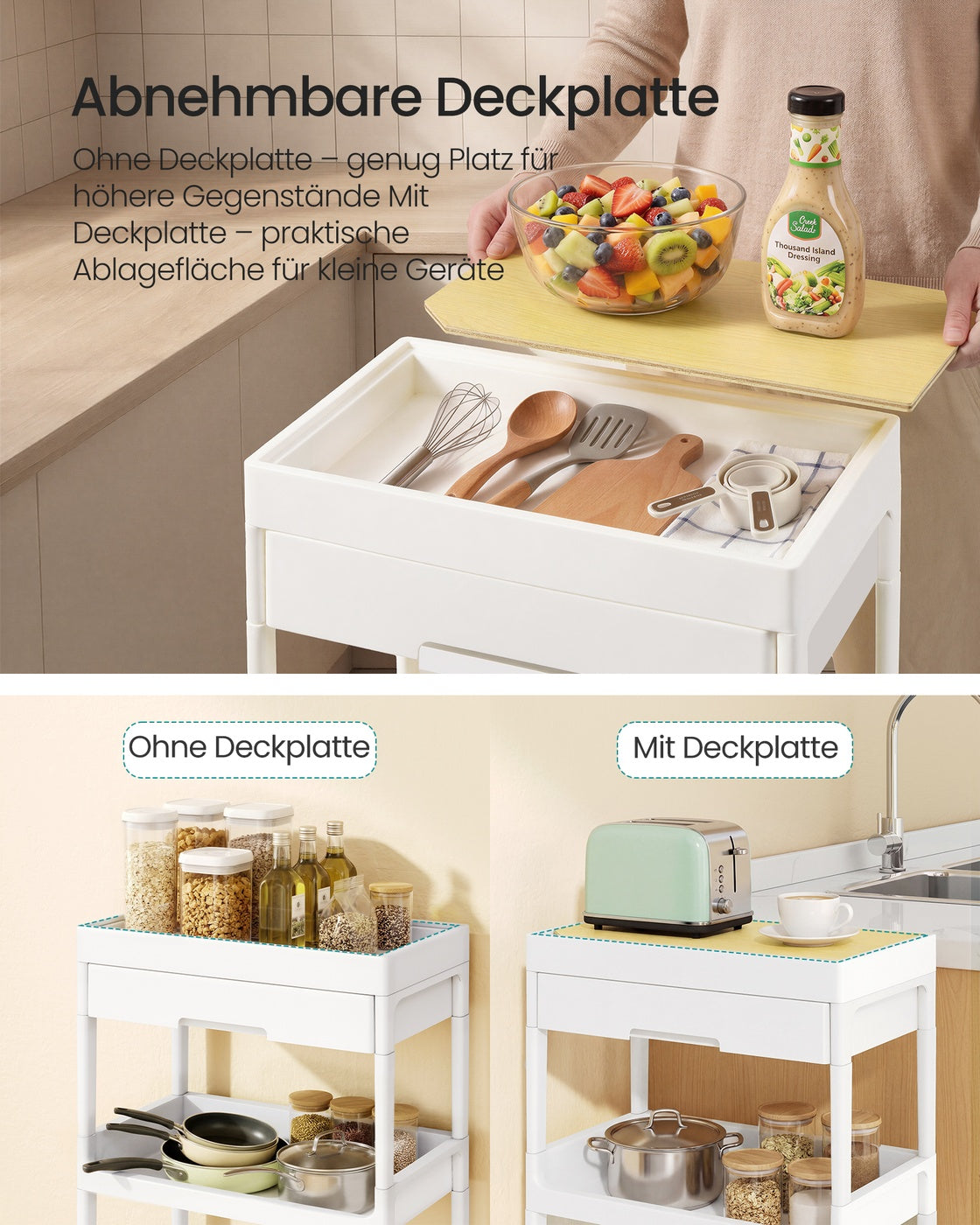 Trolley - 25,5 x 41 x 68 cm - Wit/Goud Eiken - 3 lagen - Maximale belasting per plank 10 kg