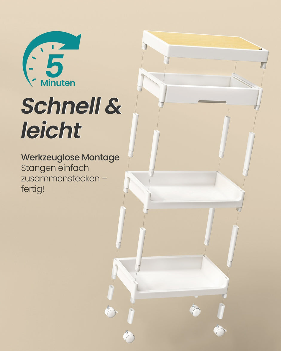 Trolley - 25,5 x 41 x 68 cm - Wit/Goud Eiken - 3 lagen - Maximale belasting per plank 10 kg