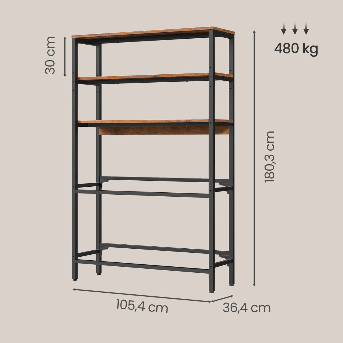 Kratten Rek – 2 Niveaus voor 6 Kratten – 3 Planken – Staal – Tot 150 kg per Niveau – Vintage Bruin en Zwart