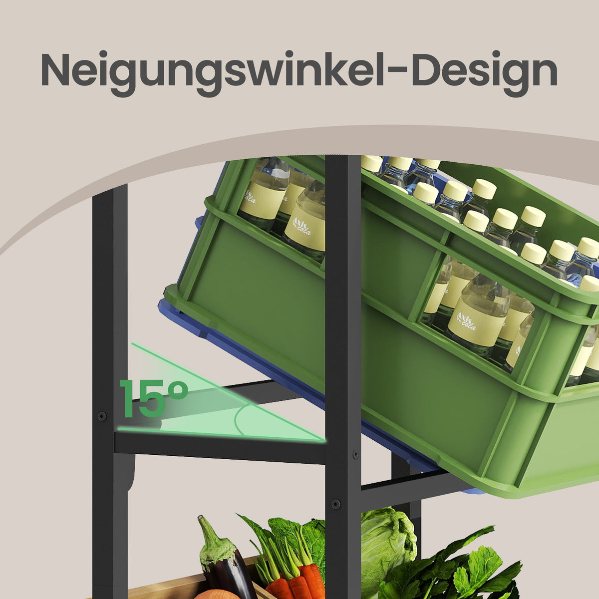 Kratten Rek – 2 Niveaus voor 6 Kratten – 3 Planken – Staal – Tot 150 kg per Niveau – Vintage Bruin en Zwart