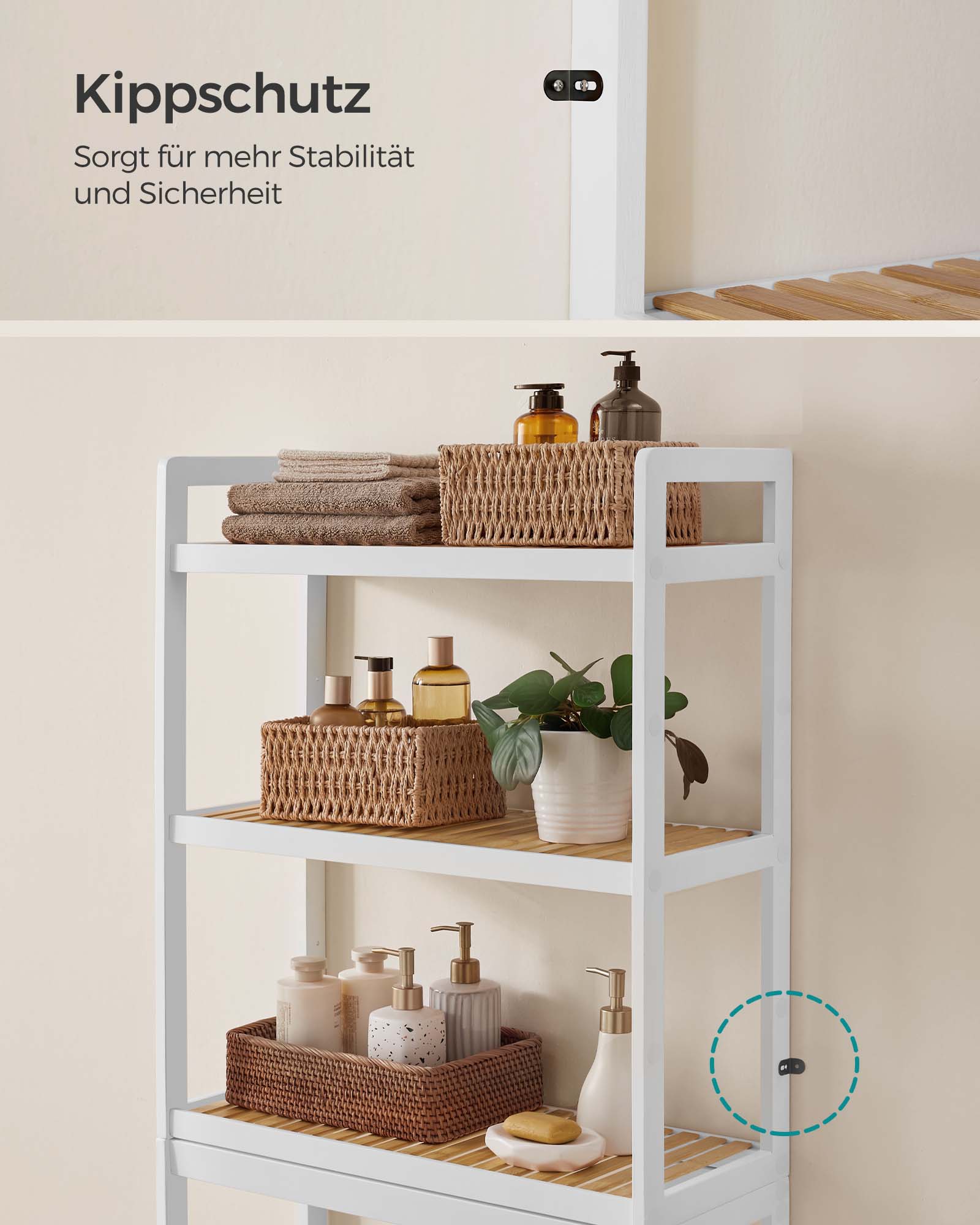 Badezimmerregal-3-Level-Bambus-gewölbte weiße natürliche Farbe