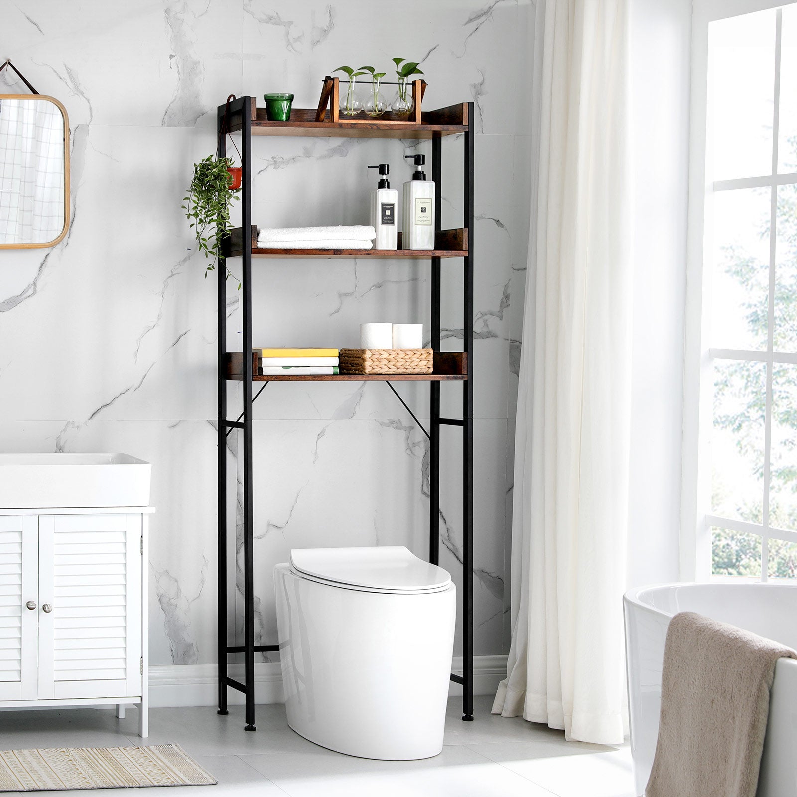 Badezimmerregal - mit 3 offenen Regalen - Industrial - Braun/Schwarz