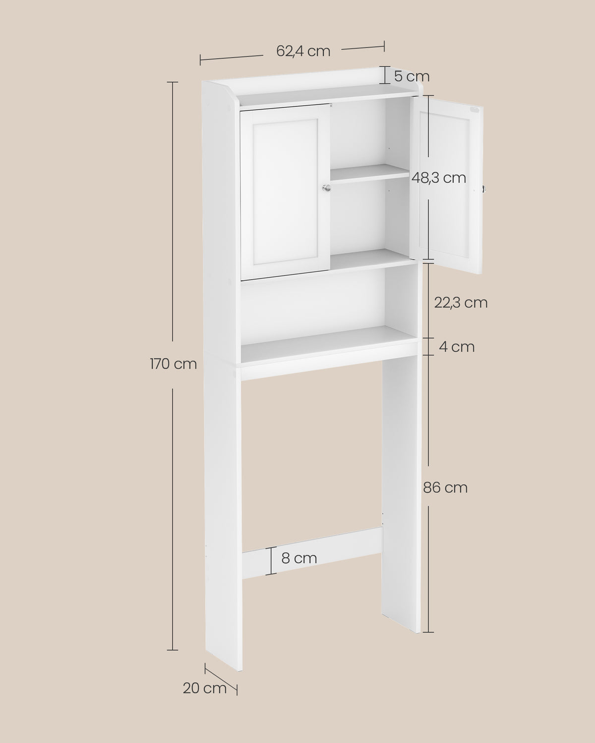 Badkamerkast – Smal en Hoog – Met Deuren en Planken – 62,4 x 20 x 170 cm – Wit