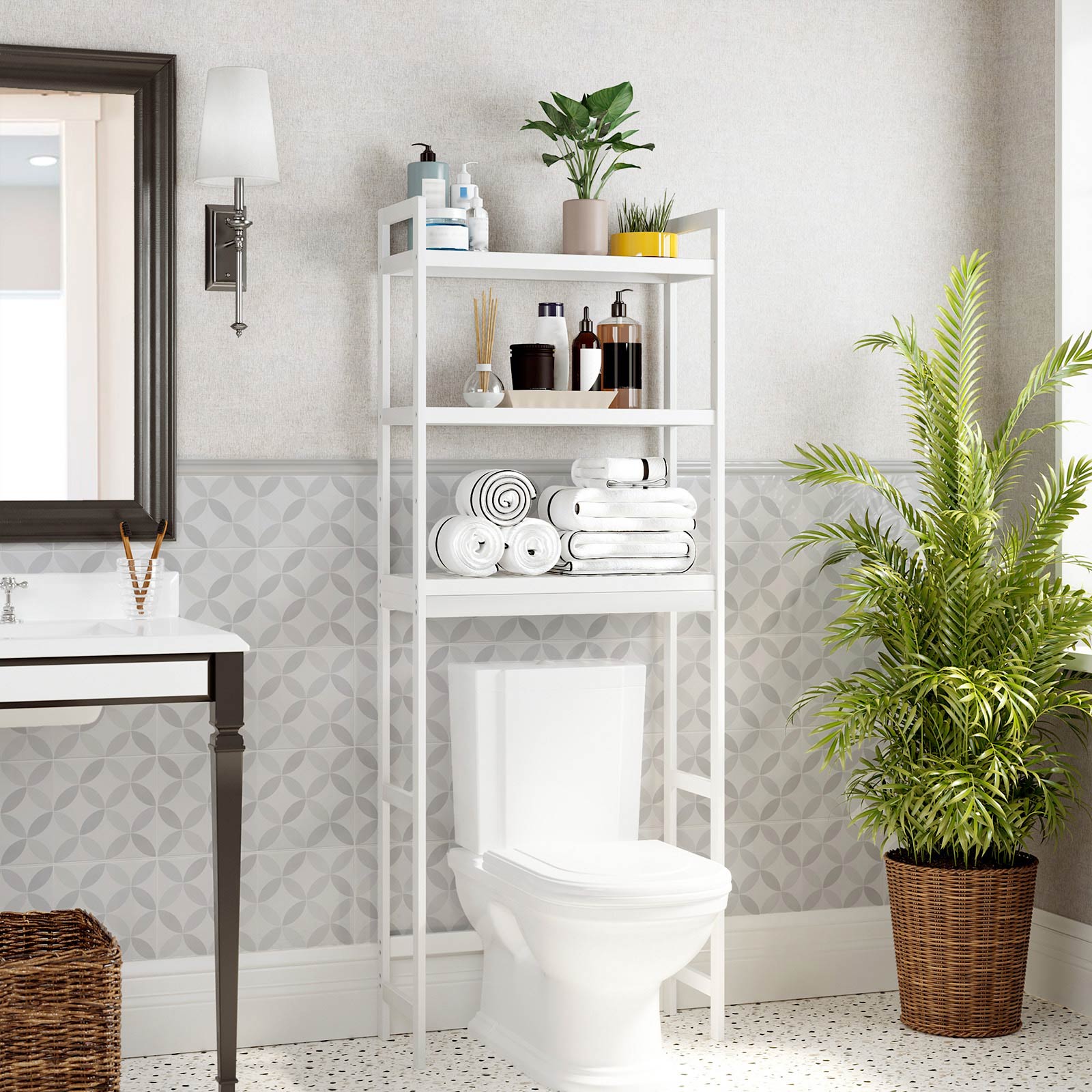 Toilettenschrank - Aufbewahrungsschrank für Badezimmer - oben die Toilette - Weiß