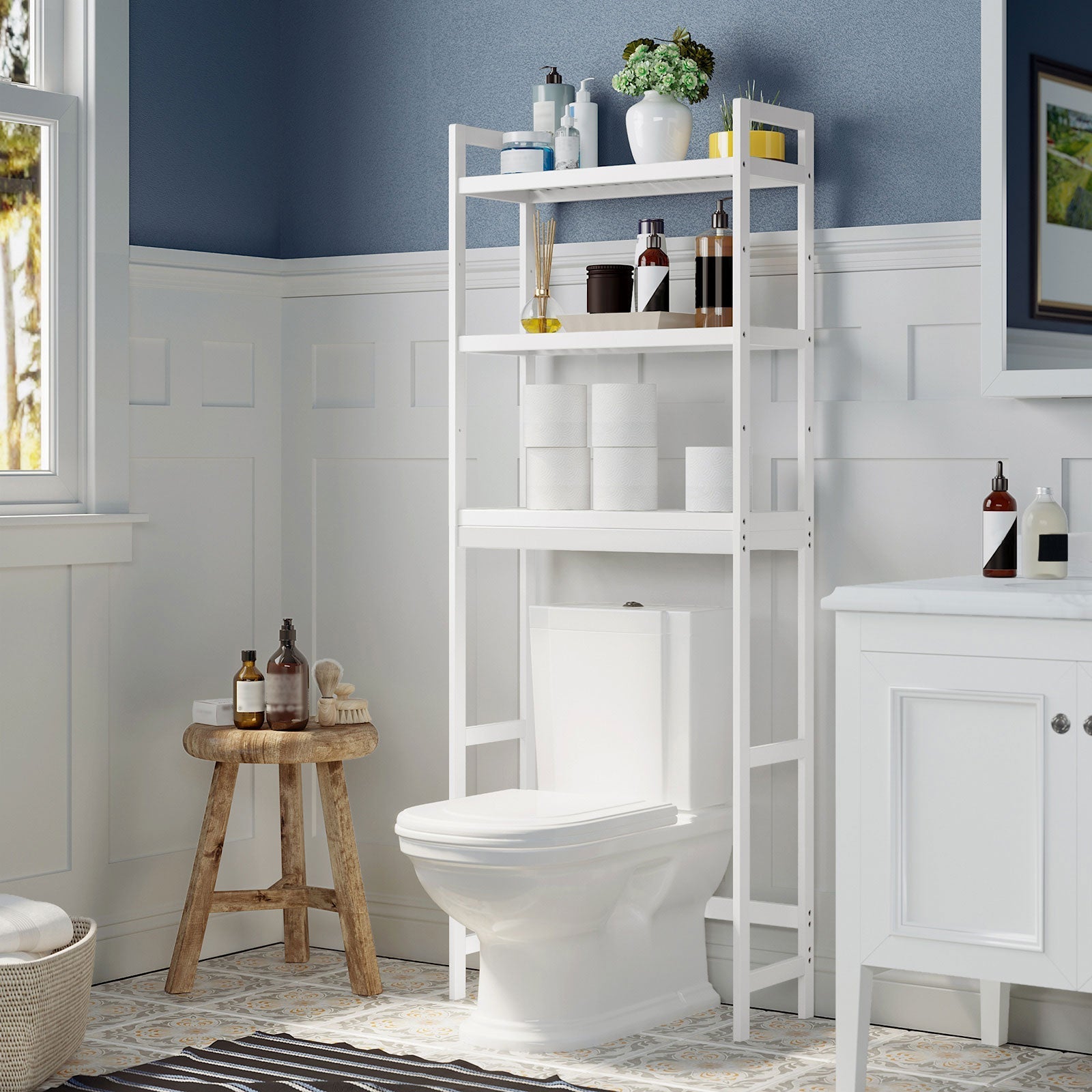 Toilettenschrank - Aufbewahrungsschrank für Badezimmer - oben die Toilette - Weiß