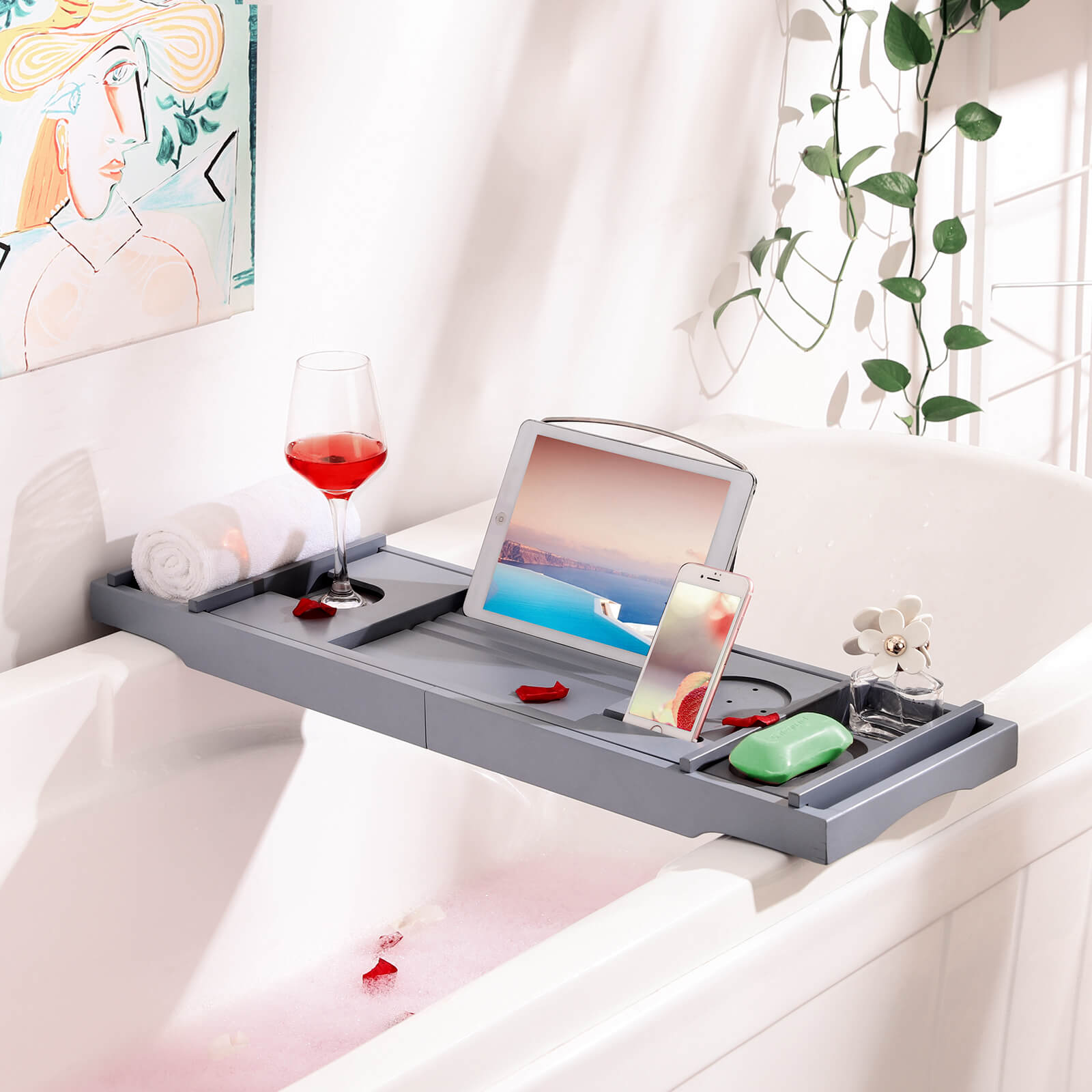 Badebadung - Bambus Badestange - Verstellbar (75-109) x 23 x 4,5 cm - Grau