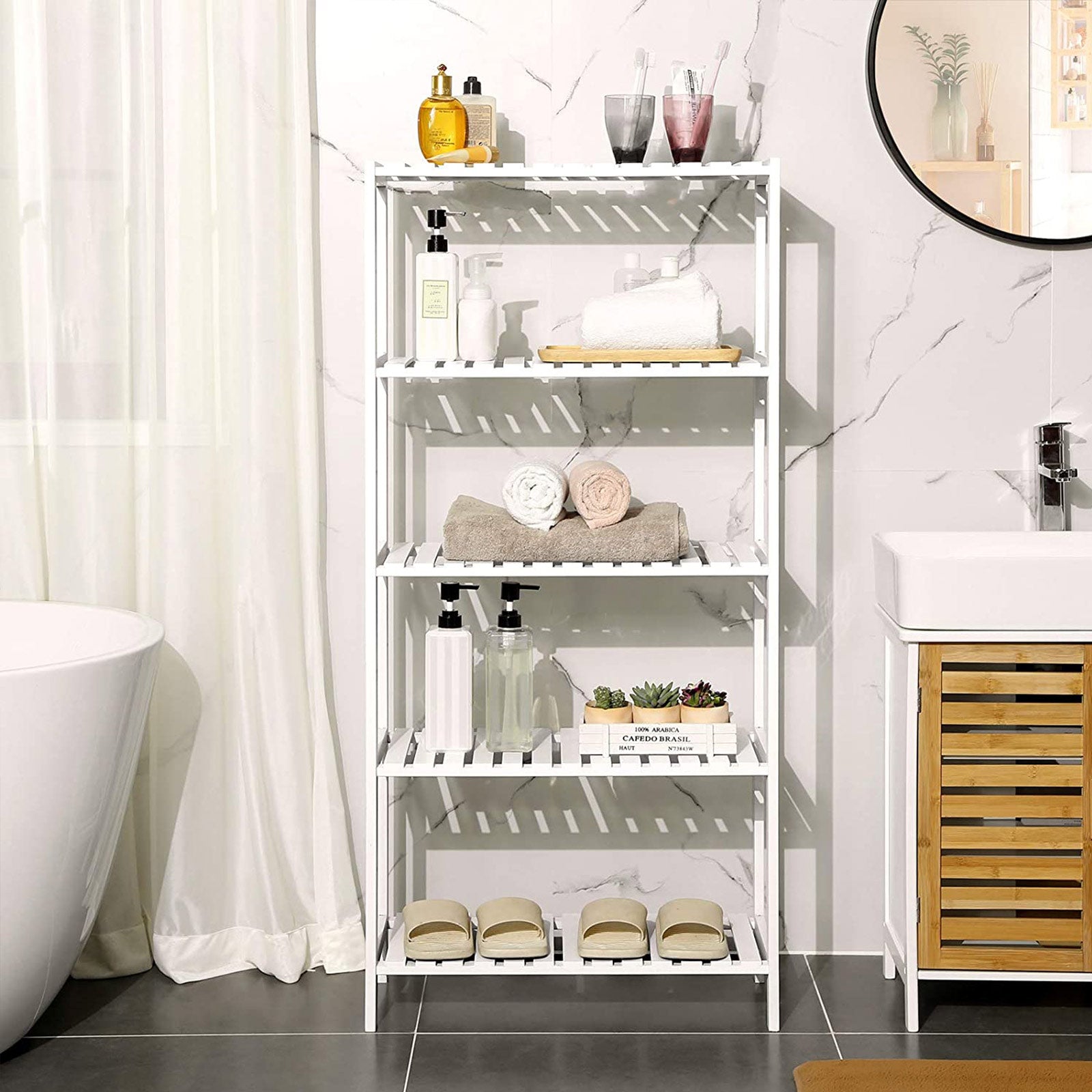 Badezimmerregal - Bambusregal mit 5 Regalen - Weiß