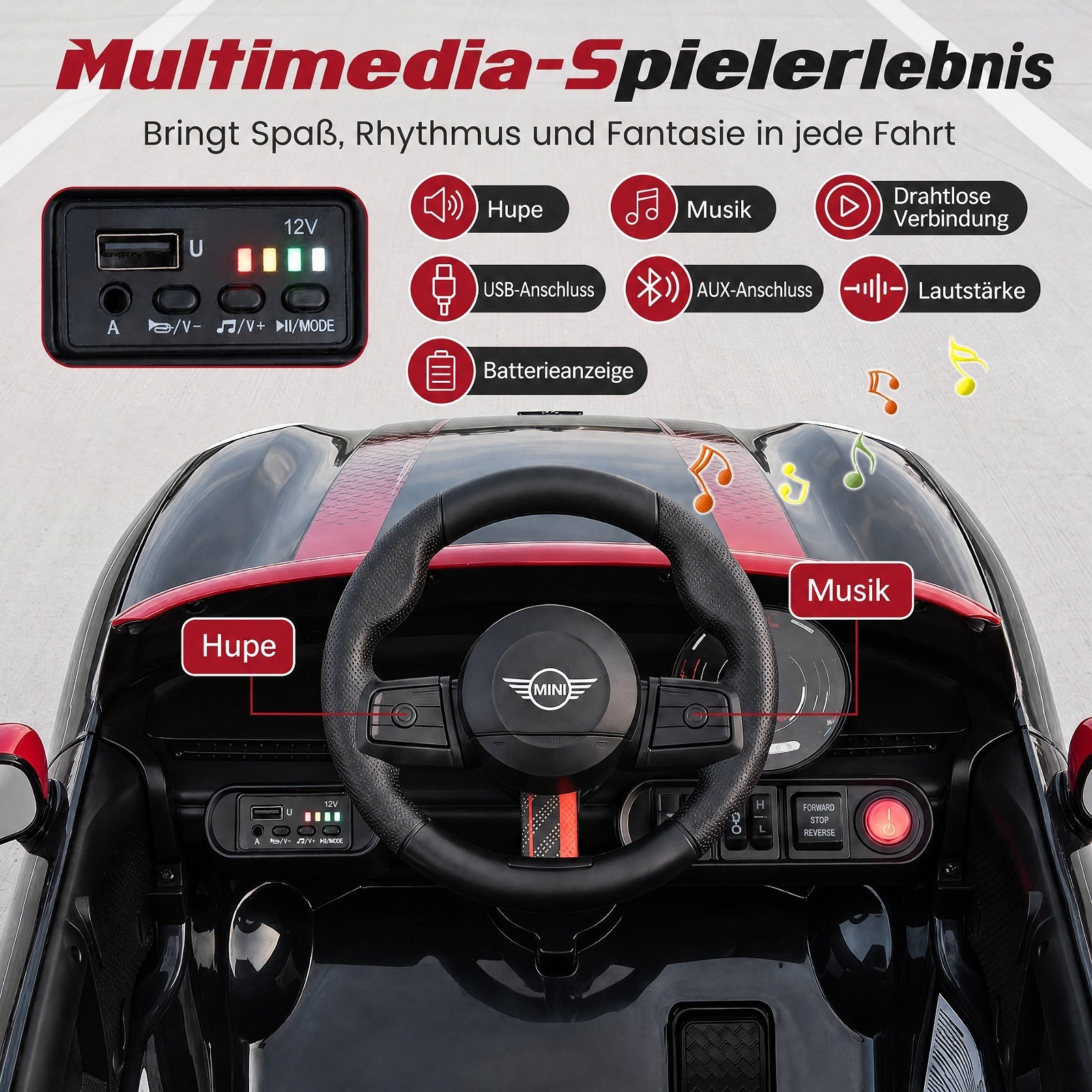 Barnbil – V i BMW Mini design Elbil för med fjärrkontroll LED och Mjukstart – 12