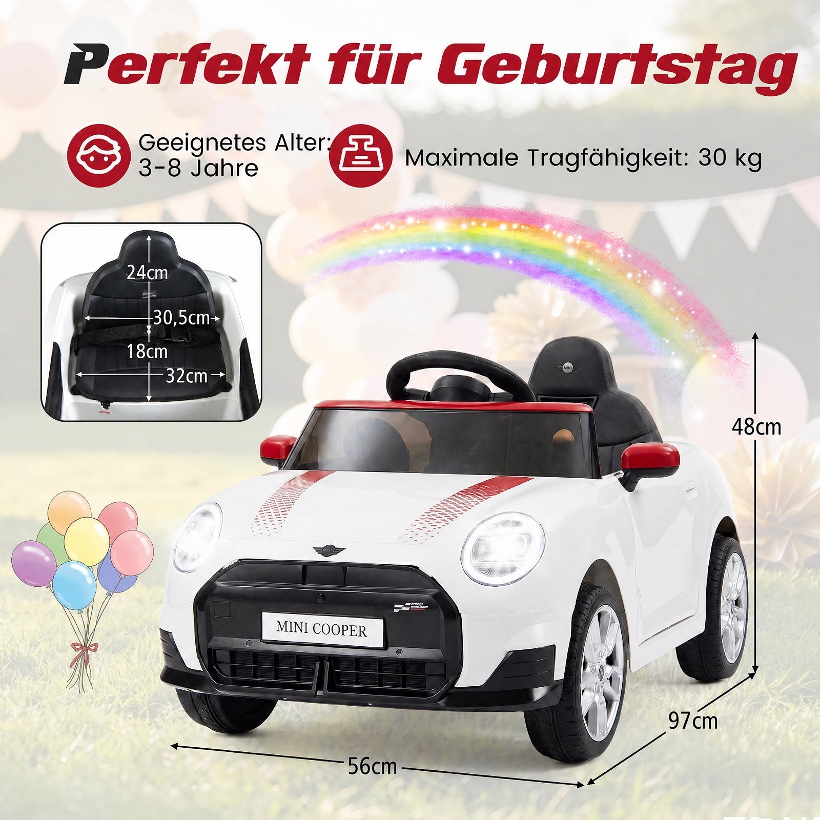 Barnbil – V i BMW Mini design Elbil för med fjärrkontroll LED och Mjukstart – 12