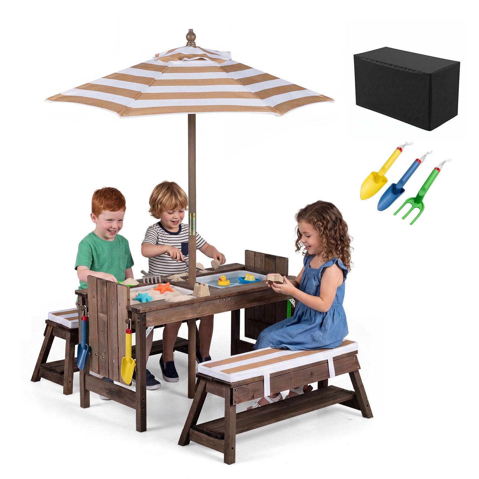 Barnmöbelset – i trä med solparaply, barnpicknickbord bänkar och avtagbara sittkuddar – 2
