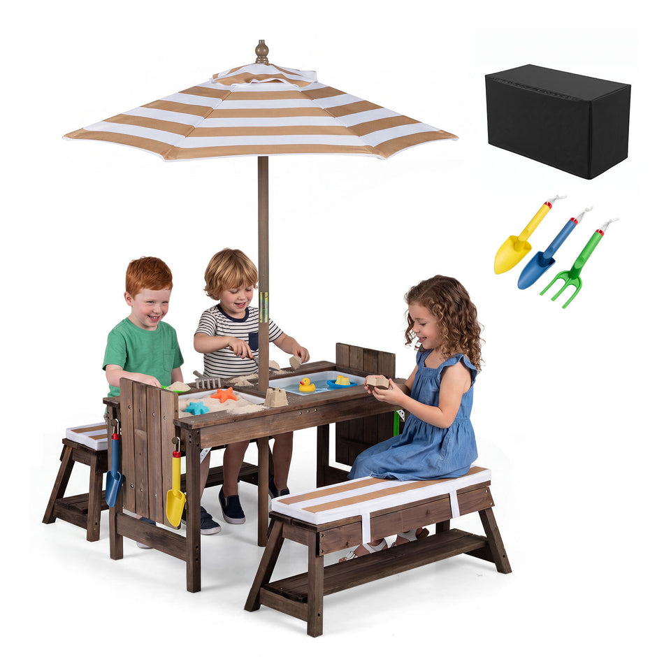 Barnmöbelset – i trä med solparaply, barnpicknickbord bänkar och avtagbara sittkuddar – 2