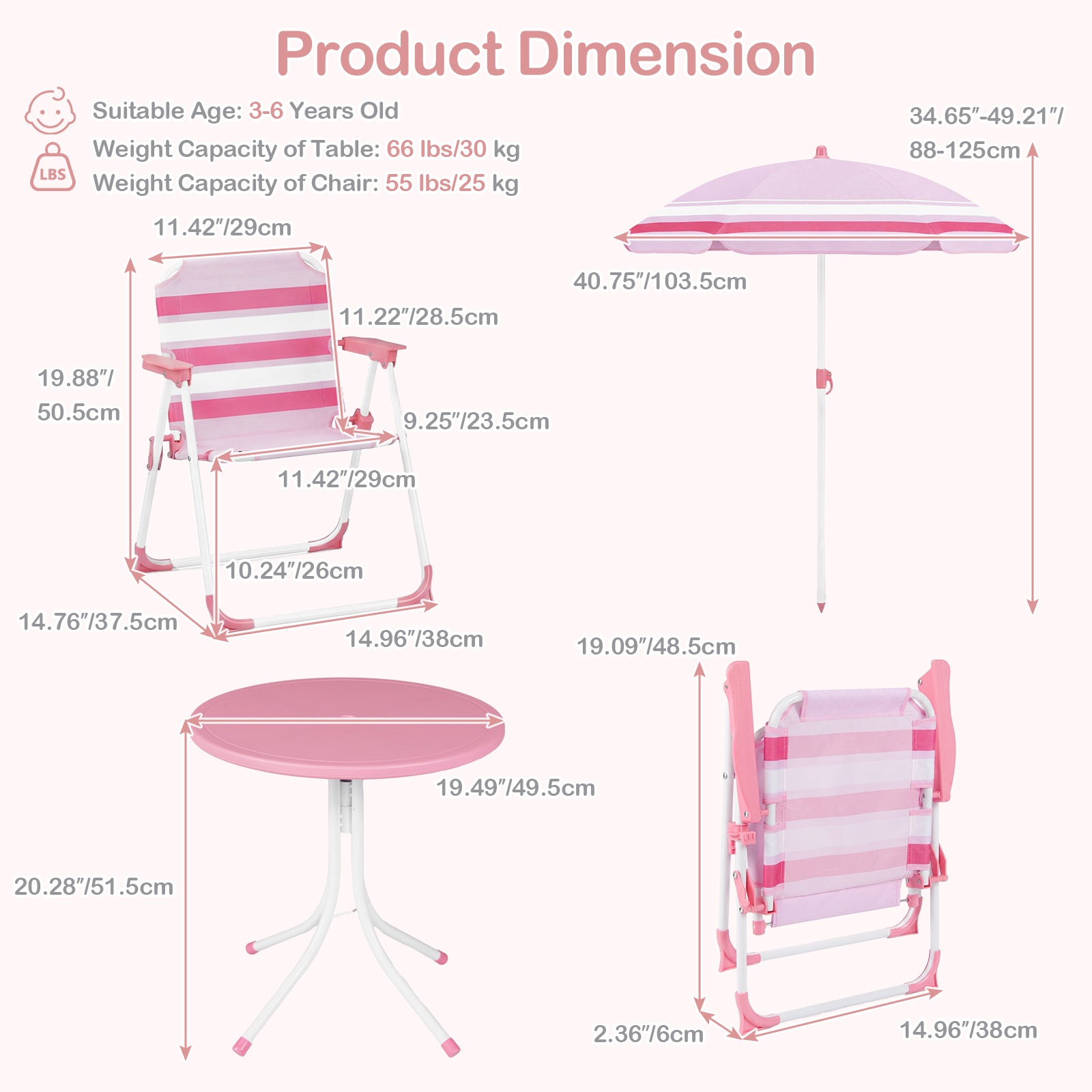 Barnmöbelset – med höjdjusterbart solparasoll, 4‑delat barnset bord och fällstolar – 2