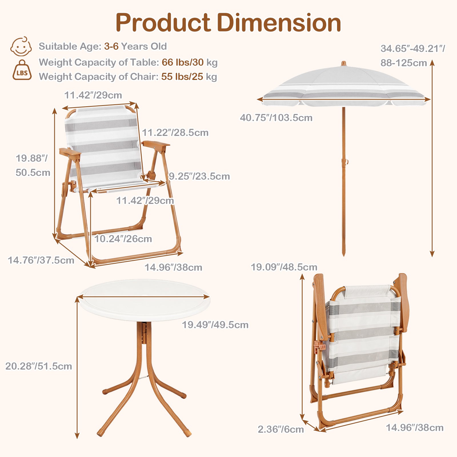 Barnmöbelset – med höjdjusterbart solparasoll, 4‑delat barnset bord och fällstolar – 2