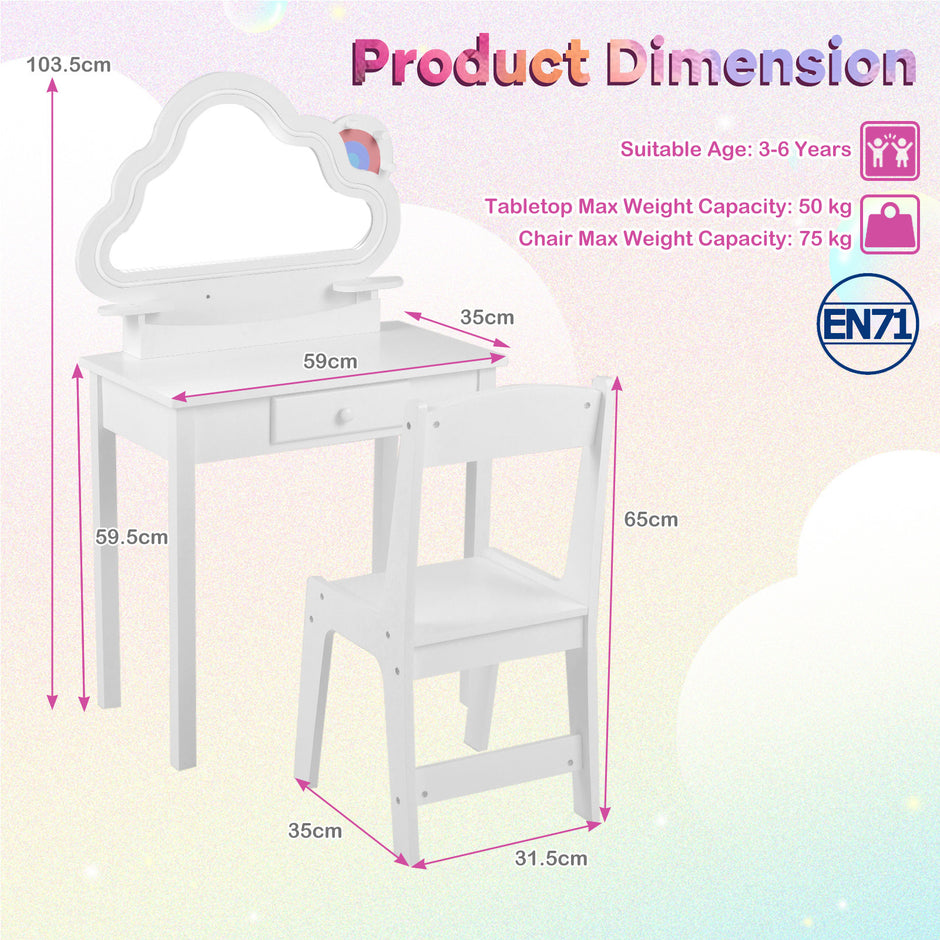 Barnsminkbord – med belyst molnspegel, tre smyckeskrokar för år – 3-6