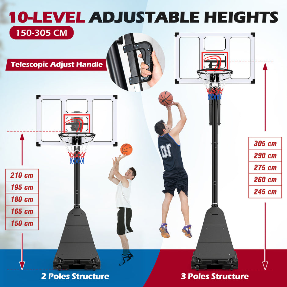 Basketkorg – med hjul, 150‑305 cm höjdjusterbar basketställare PC‑bakplatta