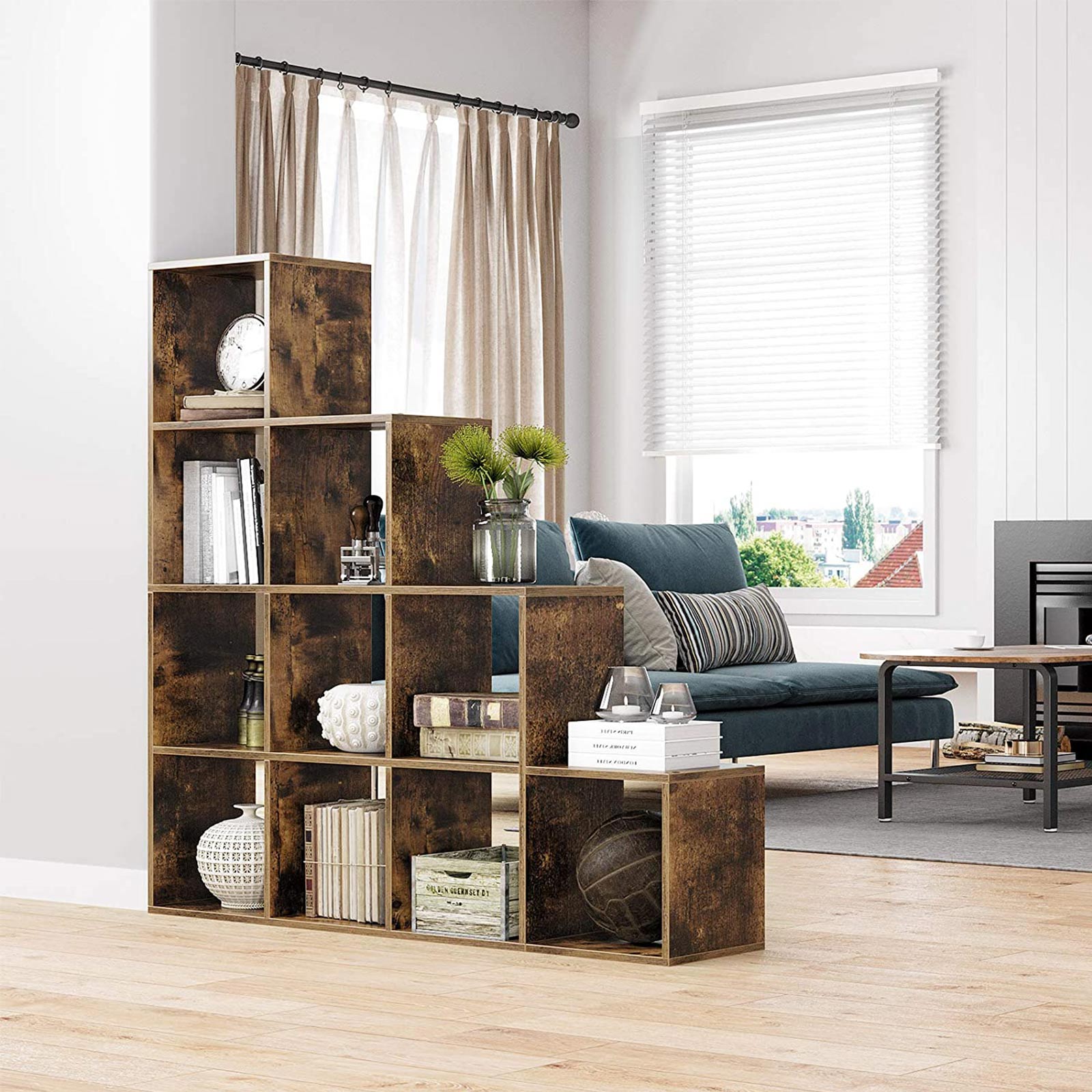 Bücherregal - Aufbewahrungsschrank mit 10 Regalen - Dunkelbraun - Vintage -Design