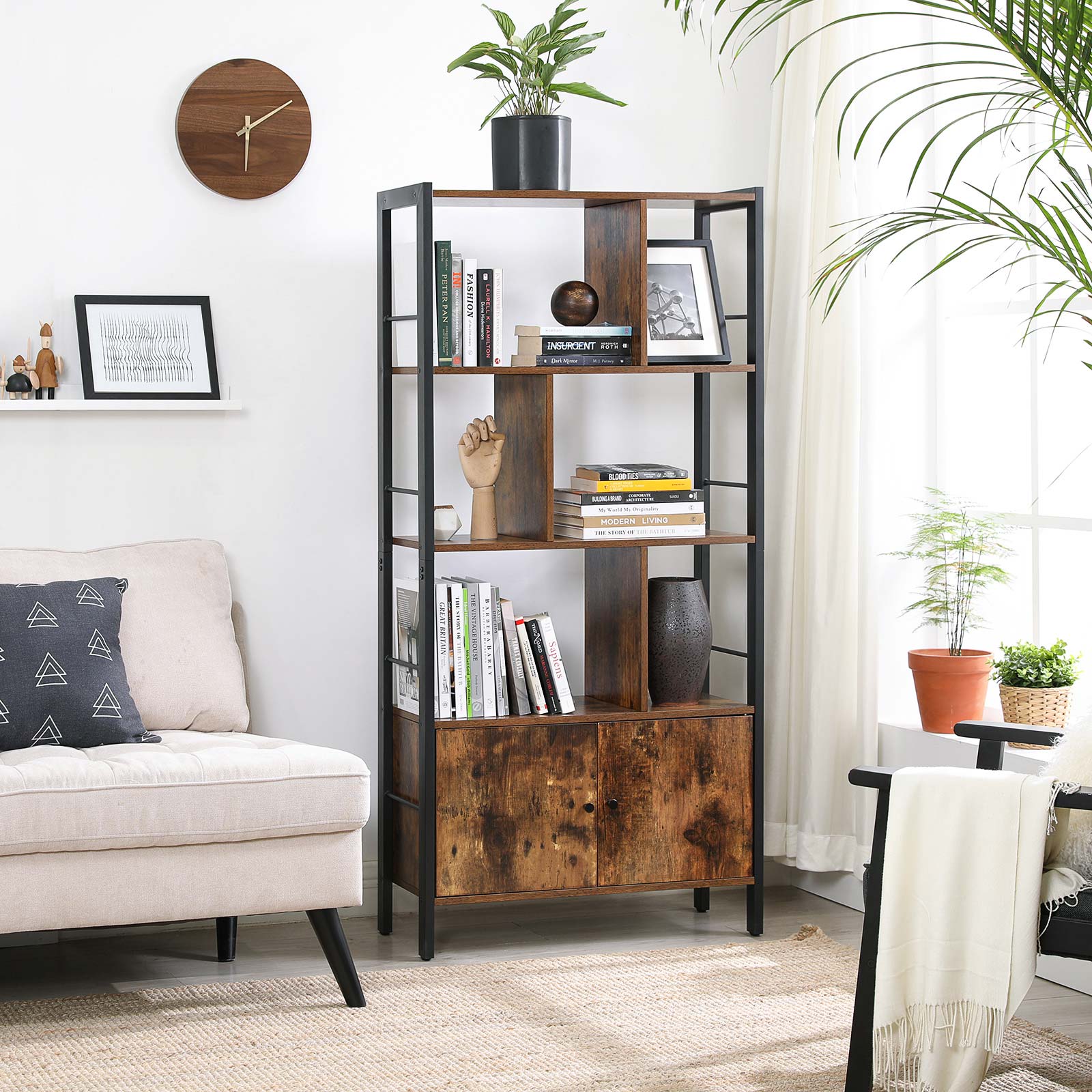 Bücherregal - Wohnzimmerschrank - Lagerschrank - Stehstange - Vintage Brown/Schwarz