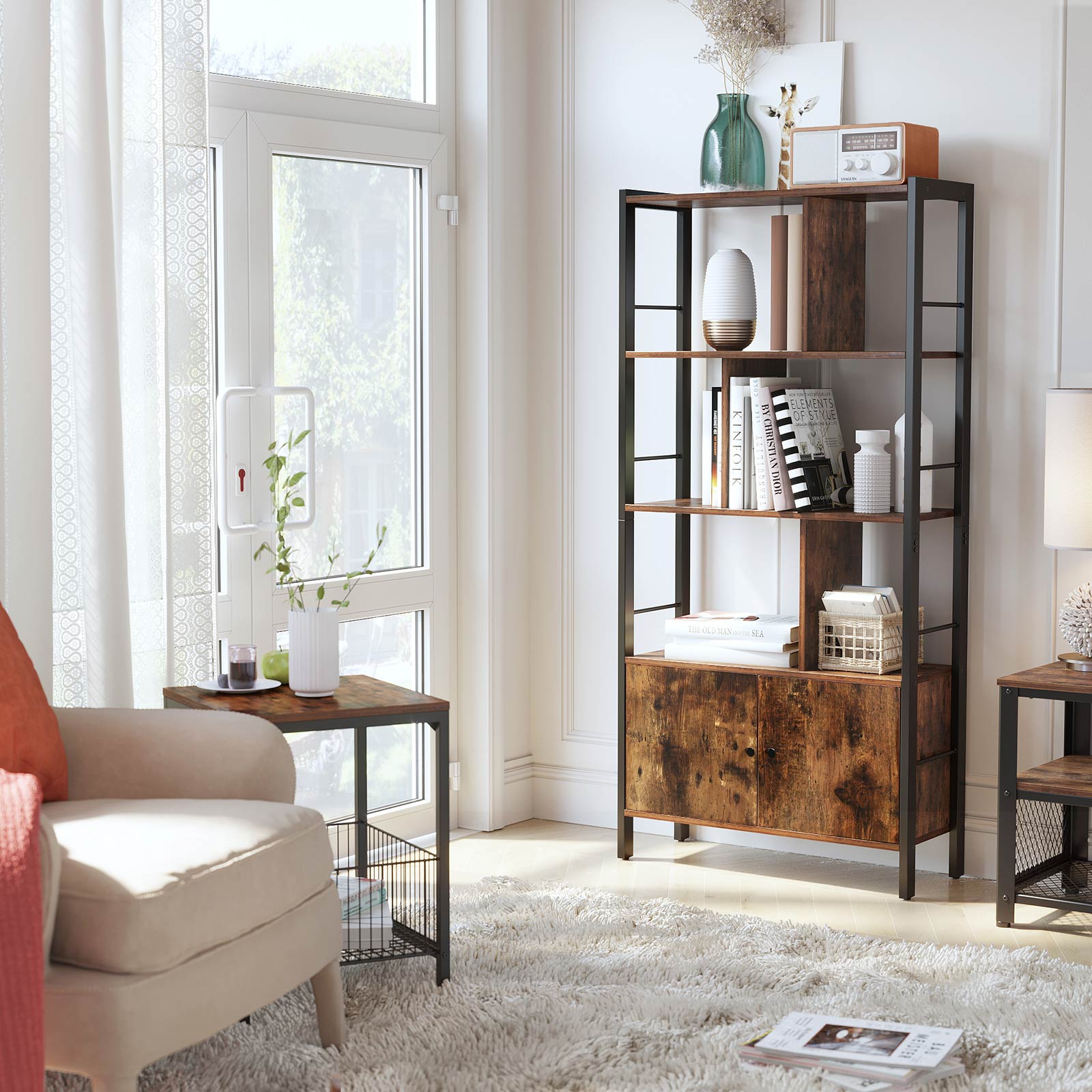 Bücherregal - Wohnzimmerschrank - Lagerschrank - Stehstange - Vintage Brown/Schwarz