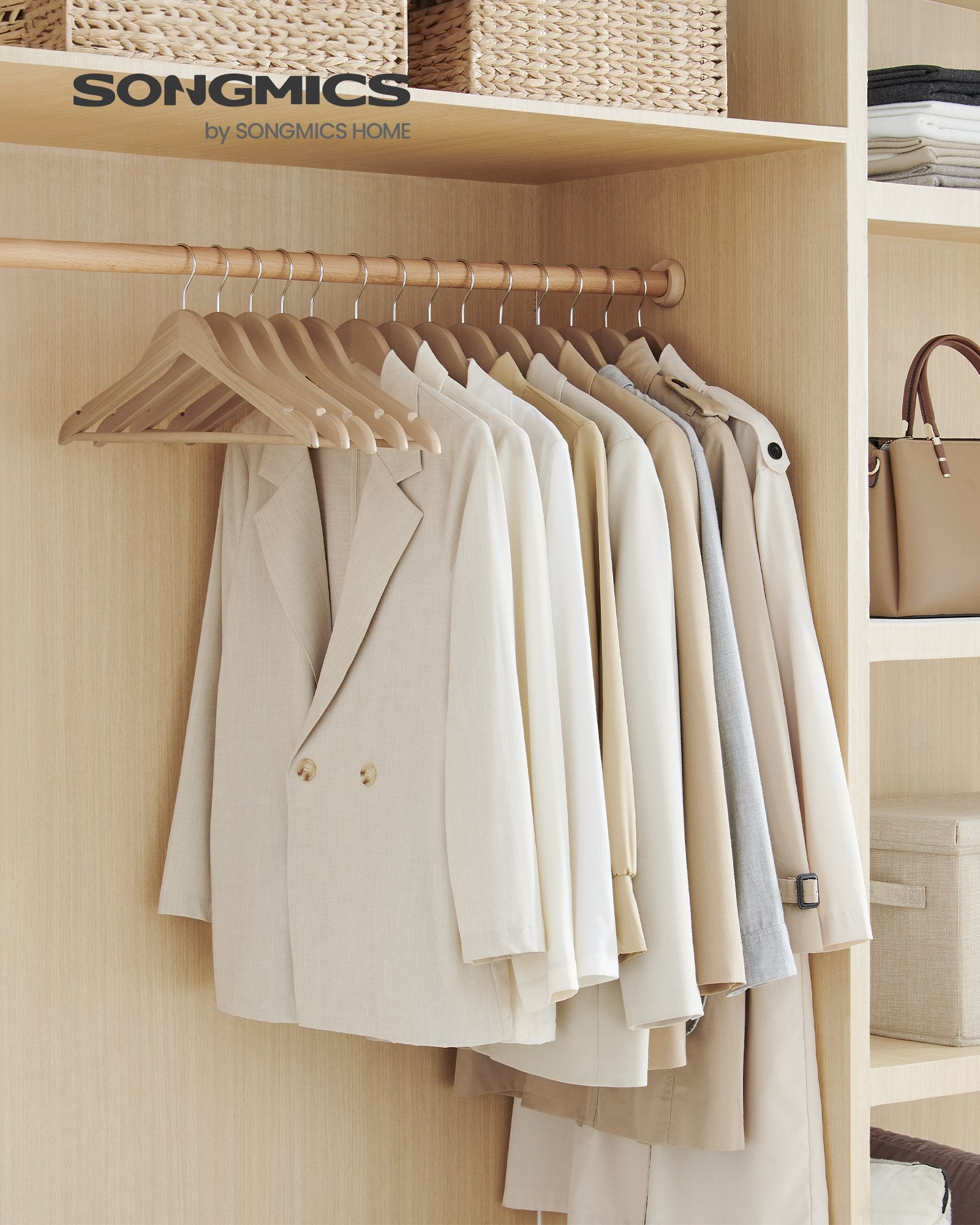 Houten Kledinghangers - Set van 48 - Met Schouderinkepingen - Broekstang - Naturel Beige