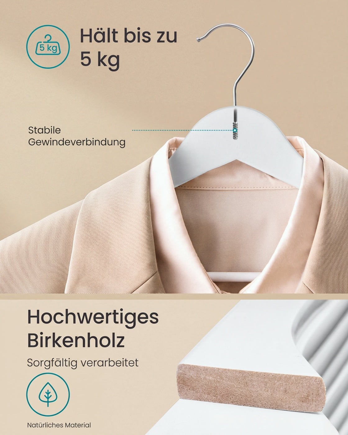 Houten Kledinghangers – Set van 50 – Berkenhout – 360° Draaibare Haak – Ruimtebesparend – Wit