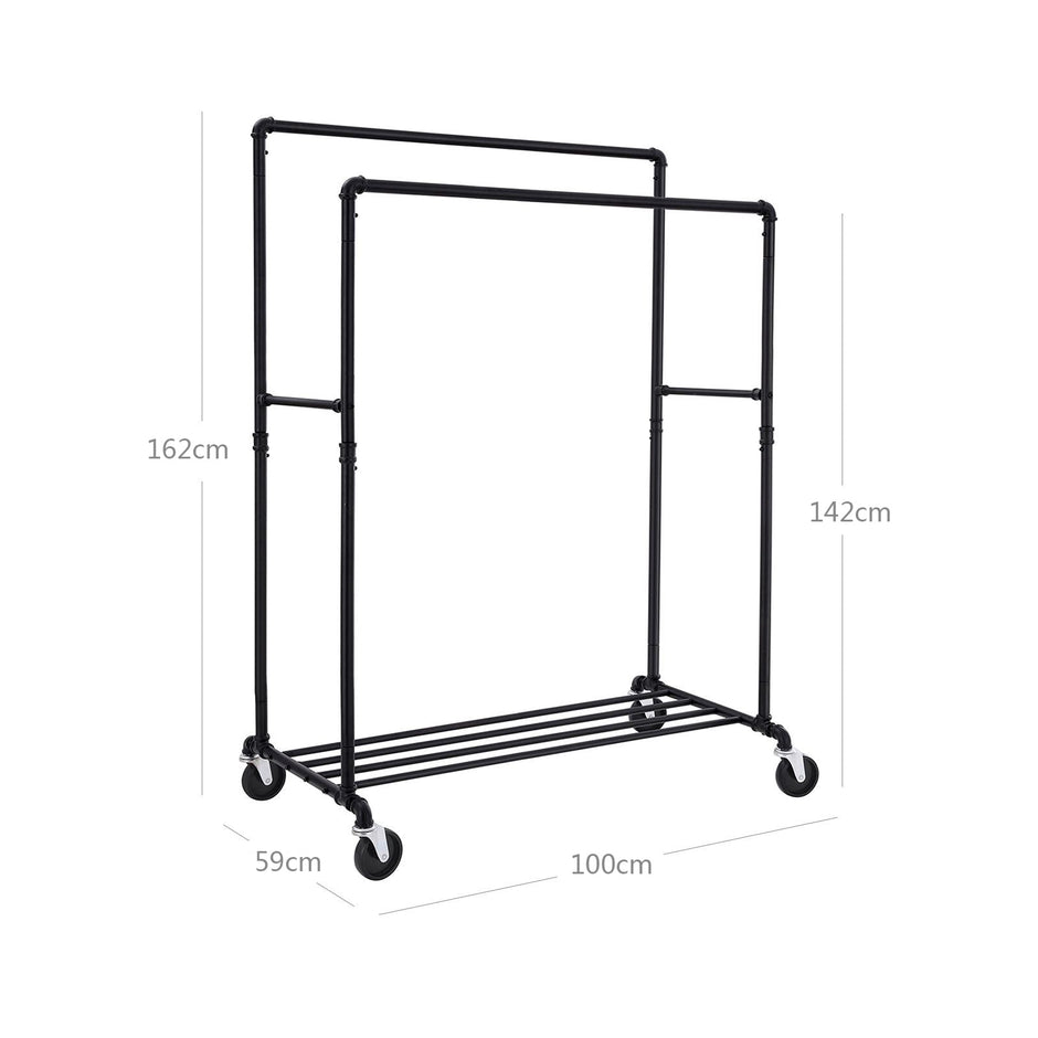 Kleidungsständer - Schwermetallstandard auf Rädern - bis zu 110 kg Ladungskapazität - Schwarz