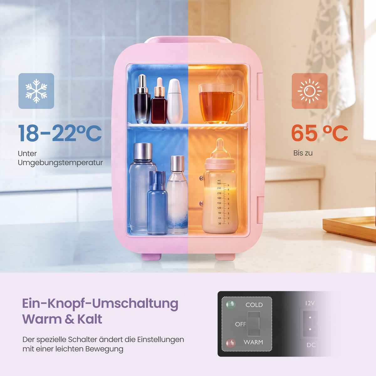 Mini-koelkast - Draagbaar met Koel- en Verwarmfunctie - 12V/230V - 4 L - Roze - 28 x 20,5 x 29,5 cm
