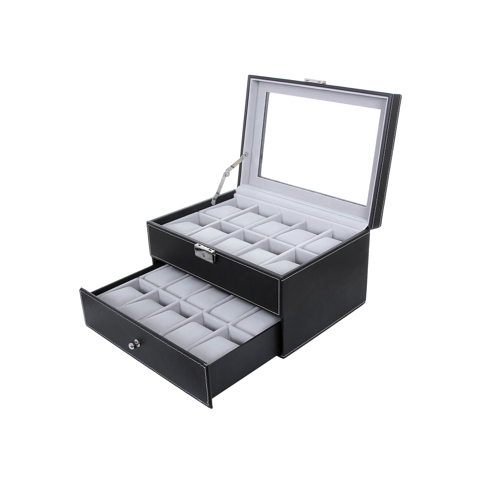 Watchbox - 20 Uhren - Glasdeckel - Schwarz