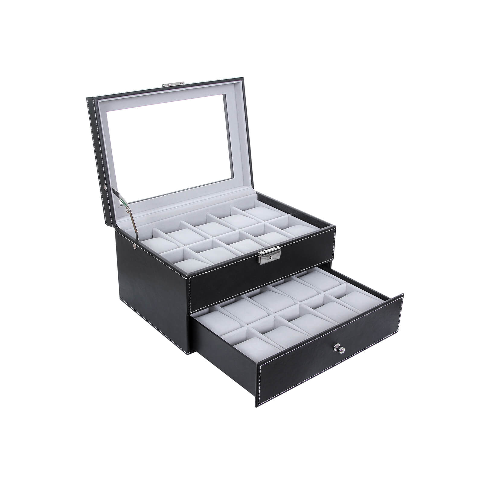 Watchbox - 20 Uhren - Glasdeckel - Schwarz