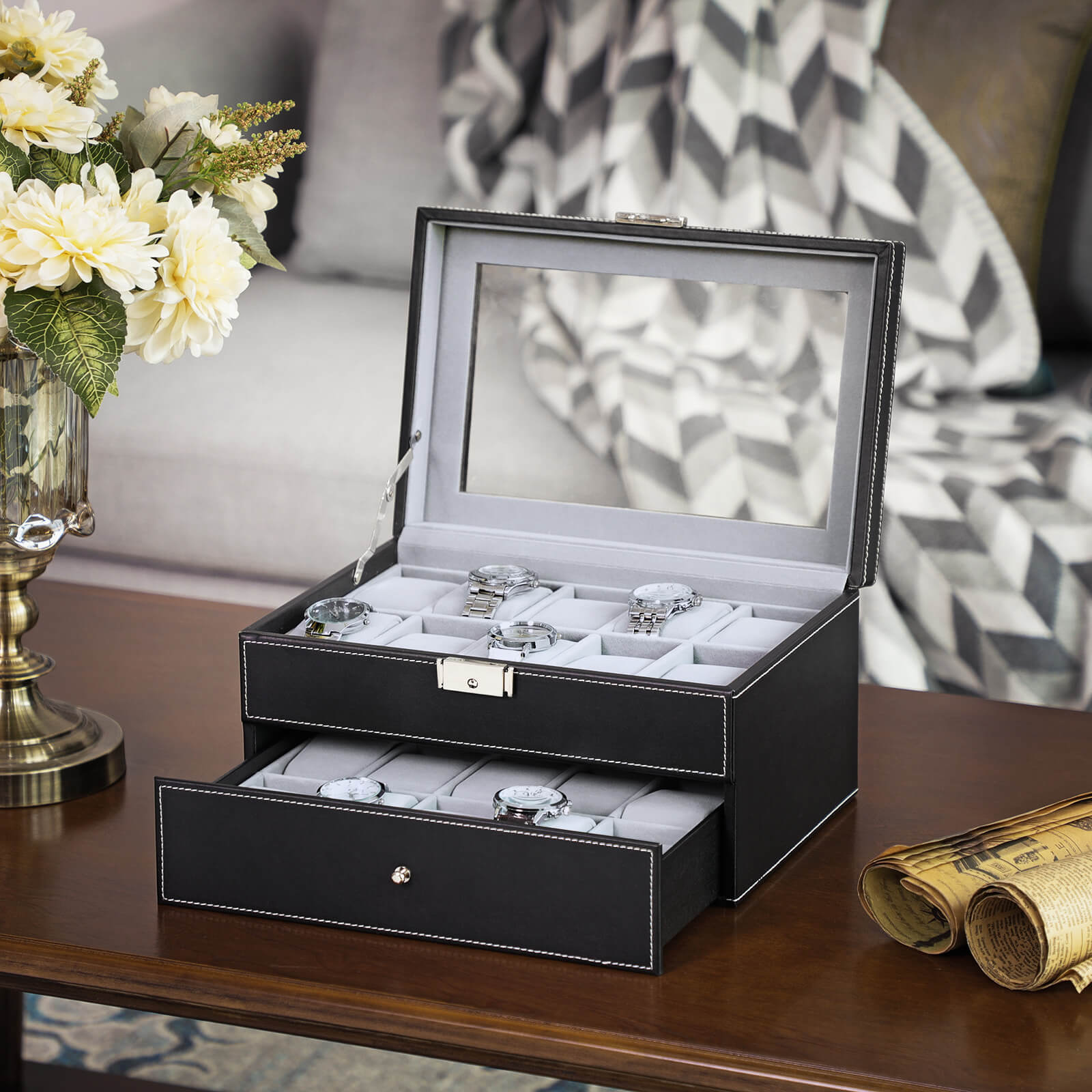 Watchbox - 20 Uhren - Glasdeckel - Schwarz