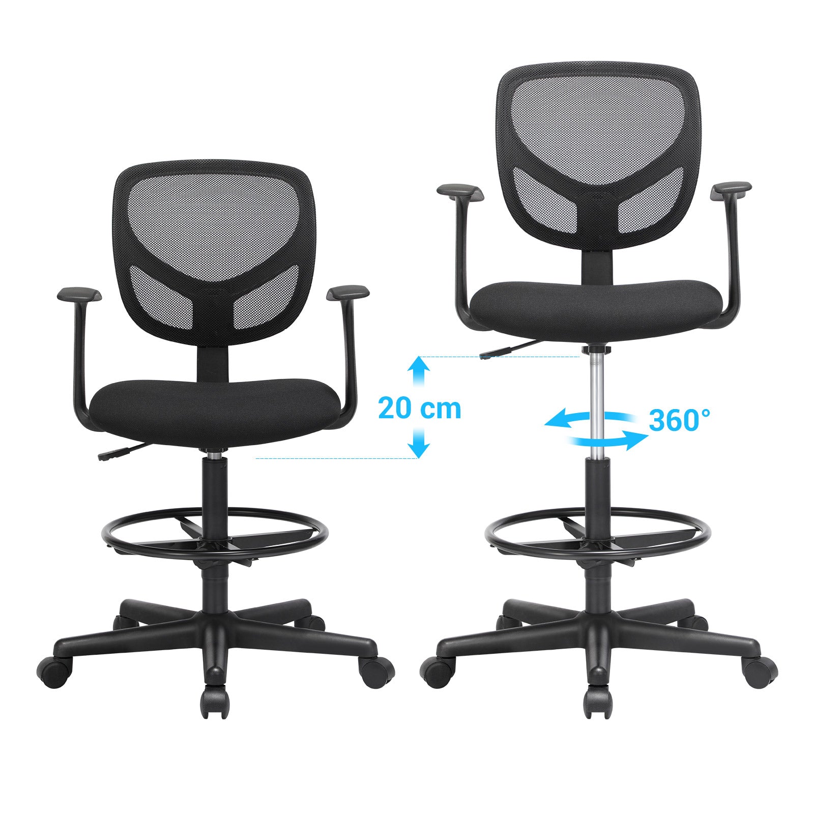 Office Chair - Ergonomisch - mit Armlehnen und Fußstütze - Arbeitshocker - Schwarz