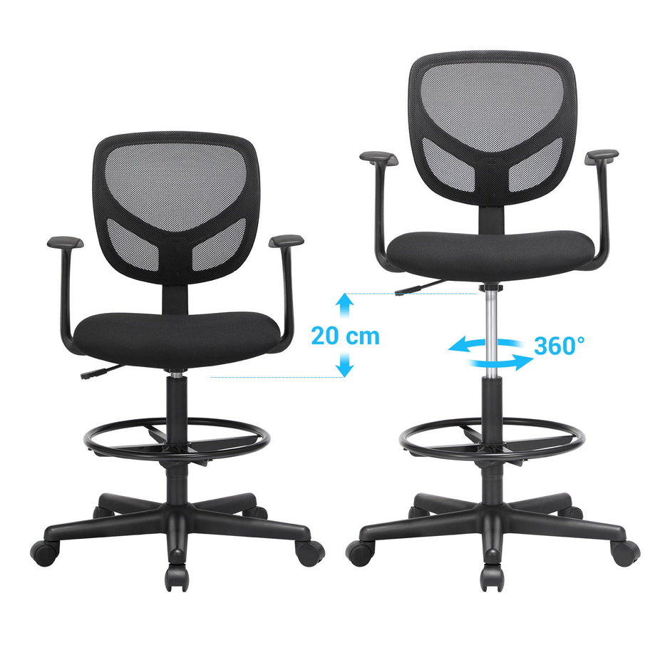Office Chair - Ergonomisch - mit Armlehnen und Fußstütze - Arbeitshocker - Schwarz