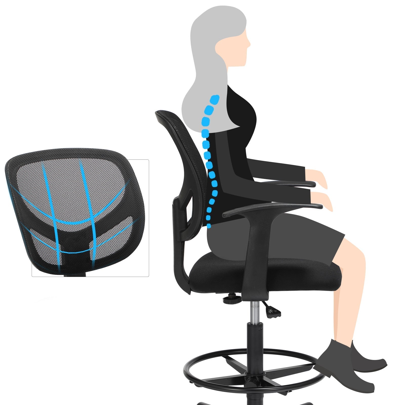 Office Chair - Ergonomisch - mit Armlehnen und Fußstütze - Arbeitshocker - Schwarz